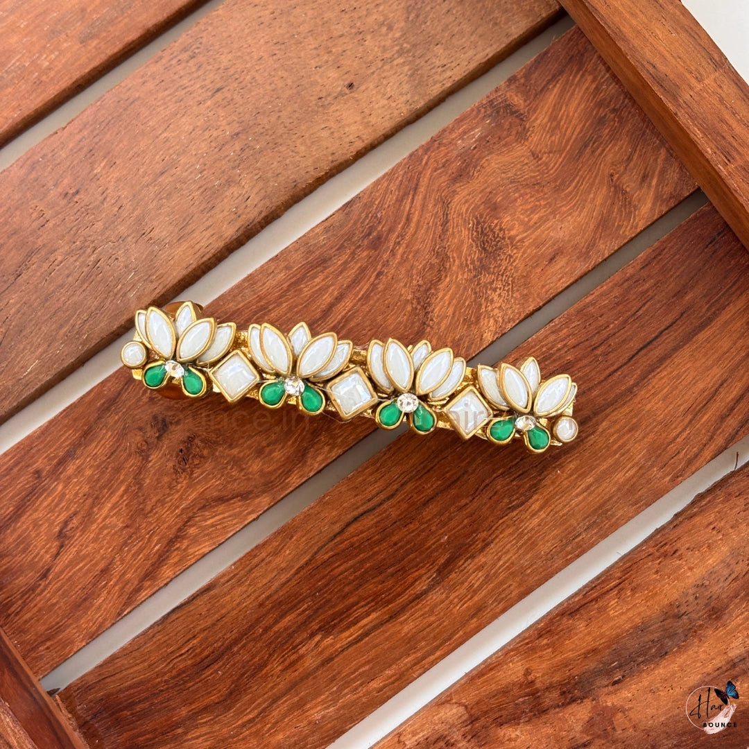 Emerald Green Lotus Kundan Traditional Center Hair Clip