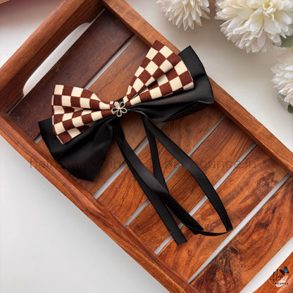 Checkered Bow Hair Clip with Ribbon