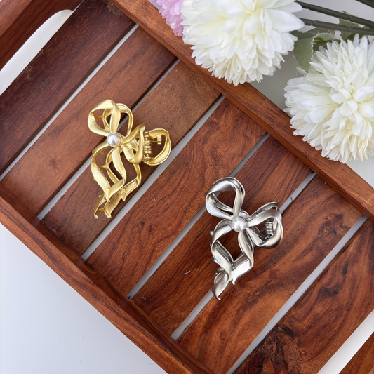 Pearl Ribbon Luxe Hair Claw - Medium