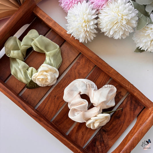 Elegant Satin Floral Scrunchie – Soft Silk Hair Tie with Rose Detail
