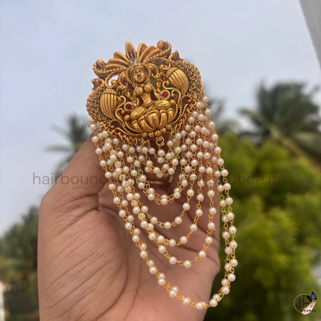 Mahalakshmi Pearl Jada Billa – Antique Gold Temple Hair Accessory for Bridal & Festive Wear