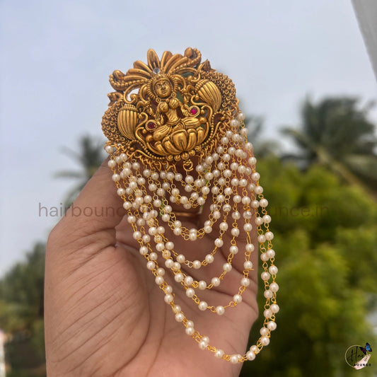 Mahalakshmi Pearl Jada Billa – Antique Gold Temple Hair Accessory for Bridal & Festive Wear