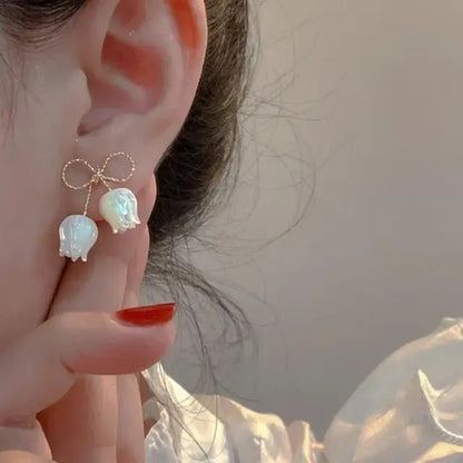 Elegant Tulip Drop Earrings for Women – Gold Bow Floral Dangle Earrings