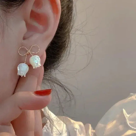 Elegant Tulip Drop Earrings for Women – Gold Bow Floral Dangle Earrings