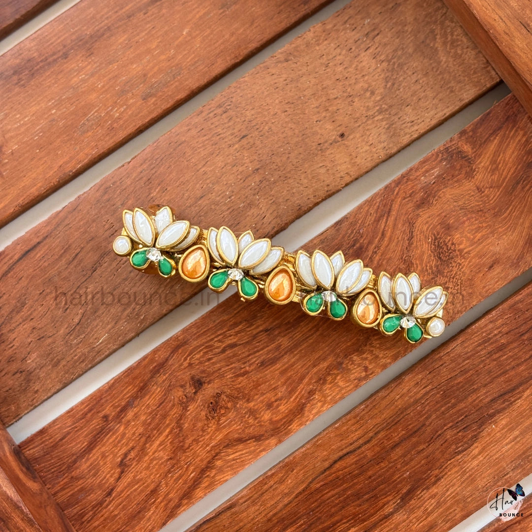 Emerald Green & Gold Lotus Kundan Traditional Center Hair Clip