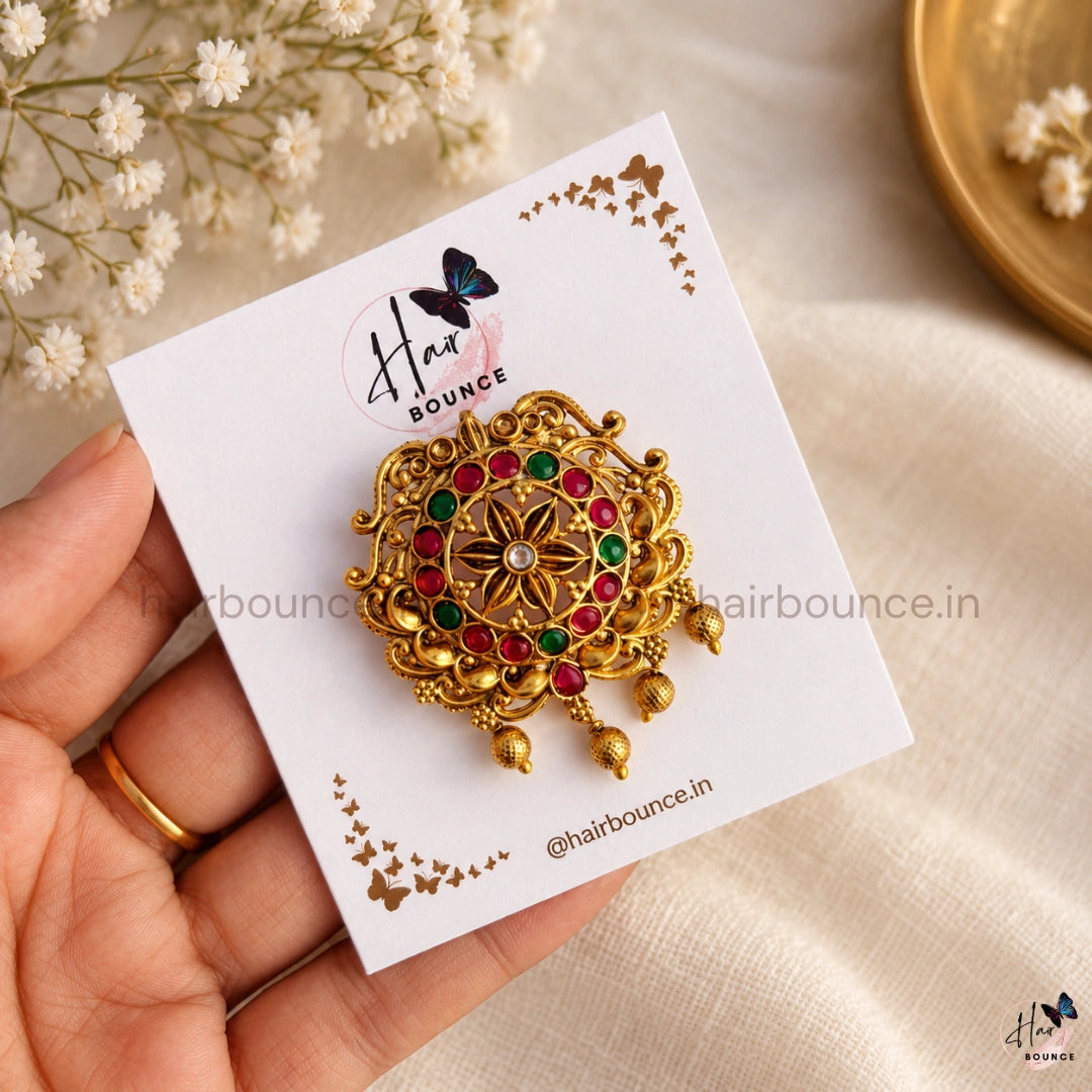 Royal Kemp Floral Antique Jada Billa with Gold Bead Hangings