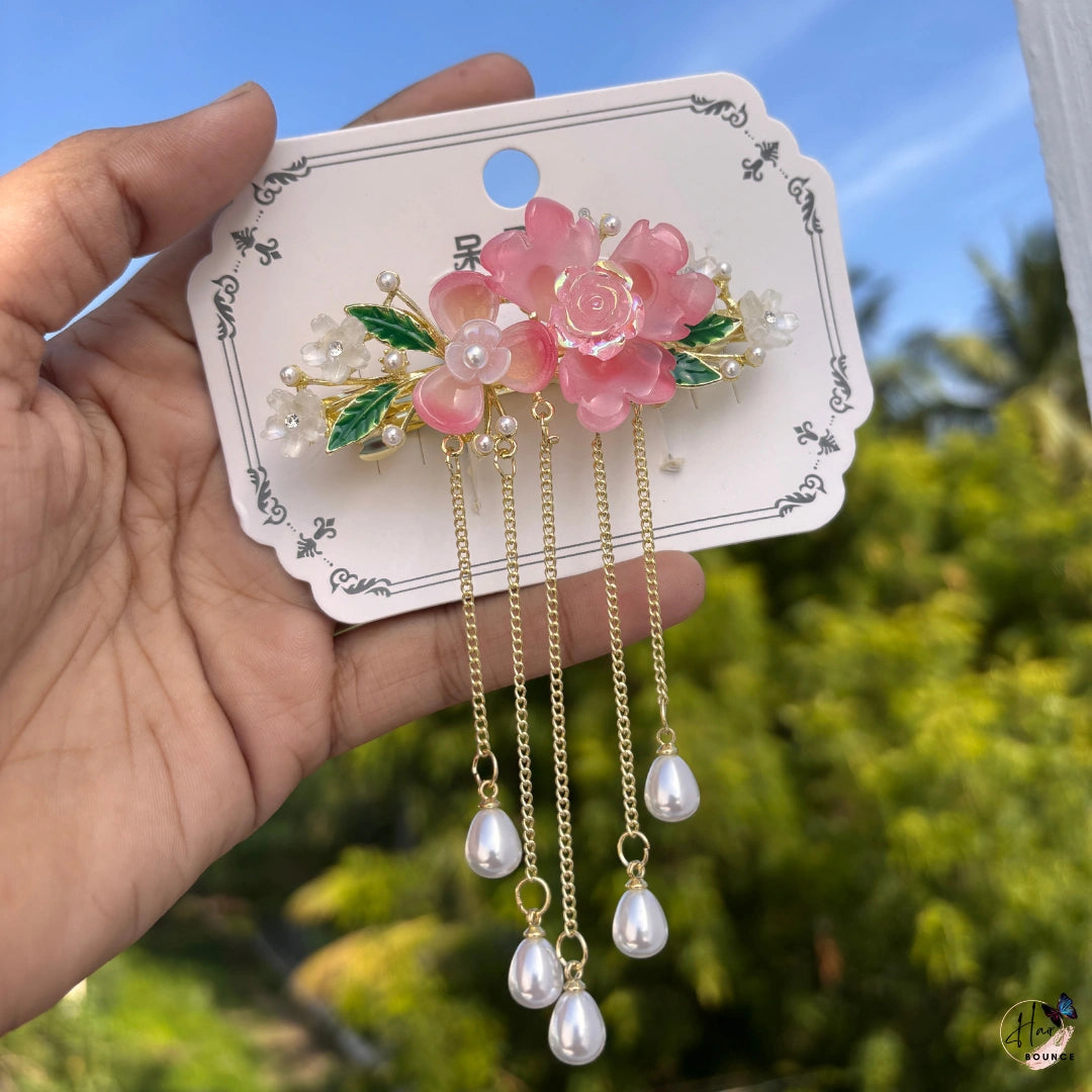 Crystal Rose & Blossom Pearl Tassel Hair Clip with Dangling Chains