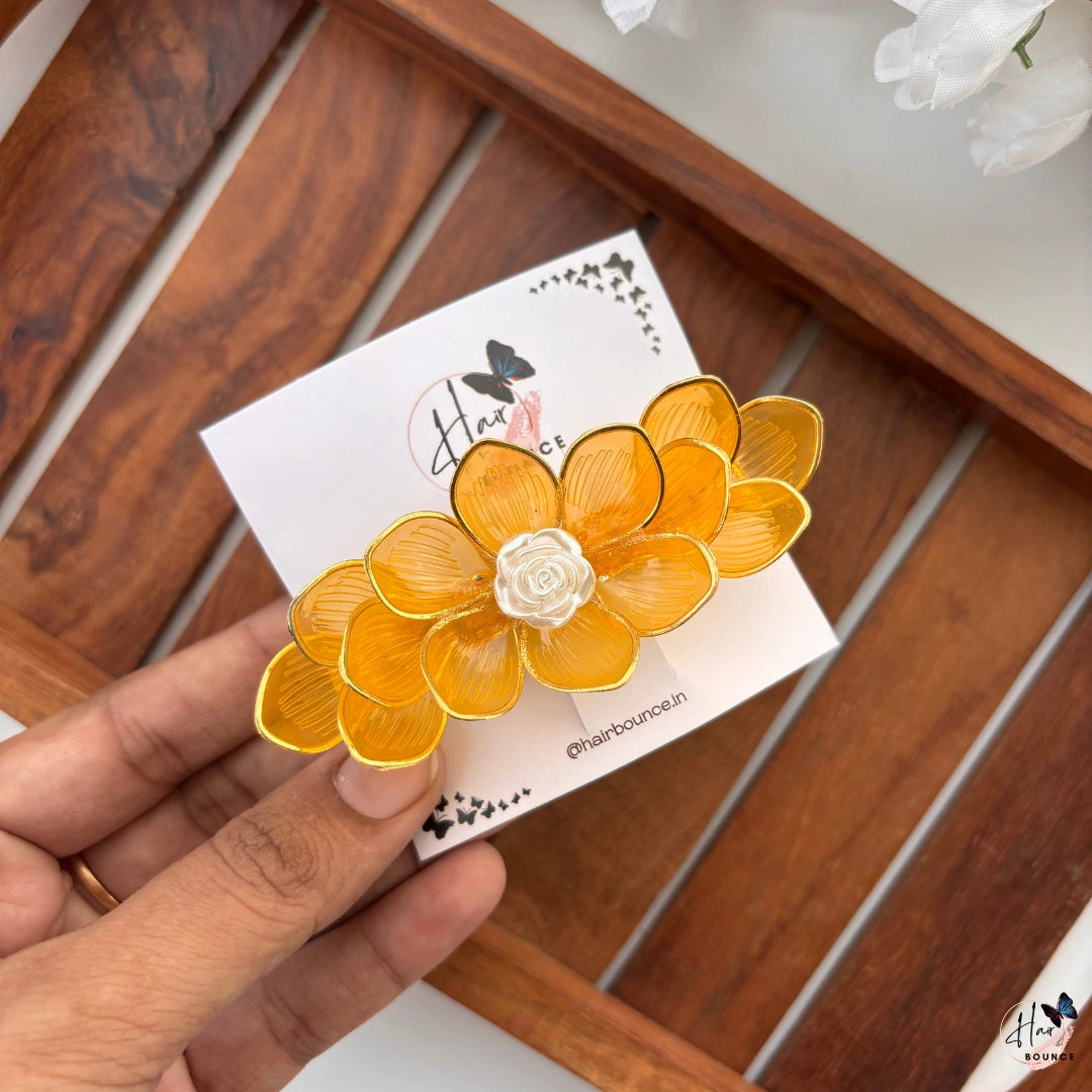 Amber Bloom Floral Center Hair Clip with Rose Accent