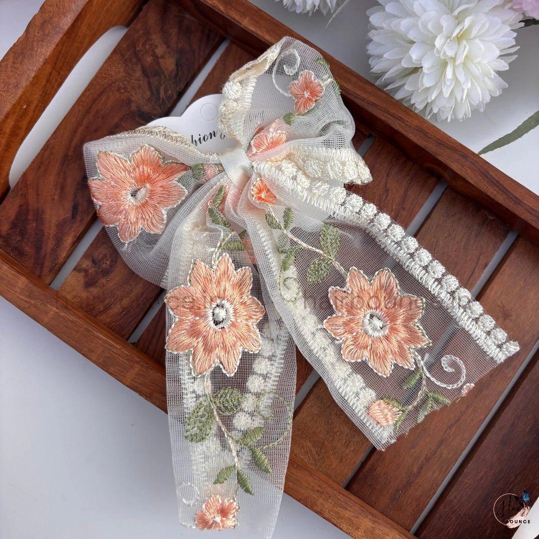 Floral Embroidered Lace Bow Hair Clip