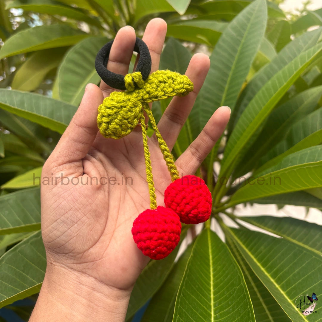 Handmade Crochet Cherry Hair Tie – Cute Knitted Cherry Ponytail Holder for Girls & Women
