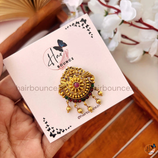 Traditional Antique Gold Kemp Floral Jada Billa with Dangling Beads