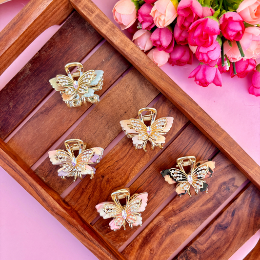 Premium Stoned Butterfly Marble Finish Metal Hair Claw - Medium