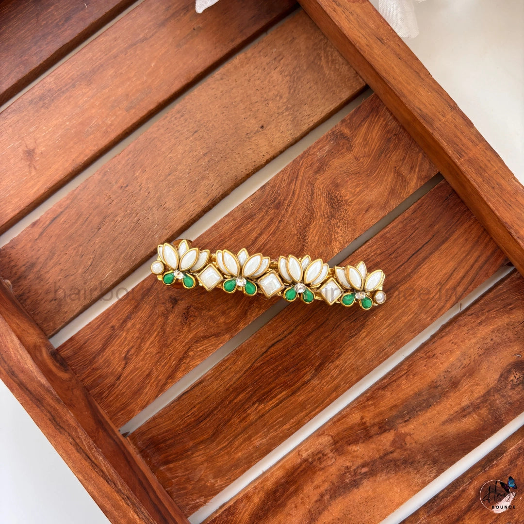 Emerald Green Lotus Kundan Traditional Center Hair Clip
