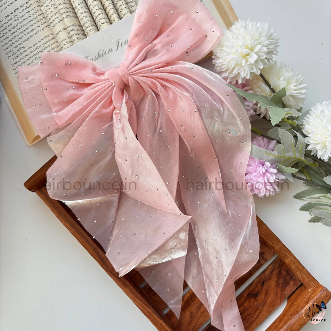 Elegant Rhinestone Sheer Bow Hair Clip – Oversized Statement Ribbon Bow