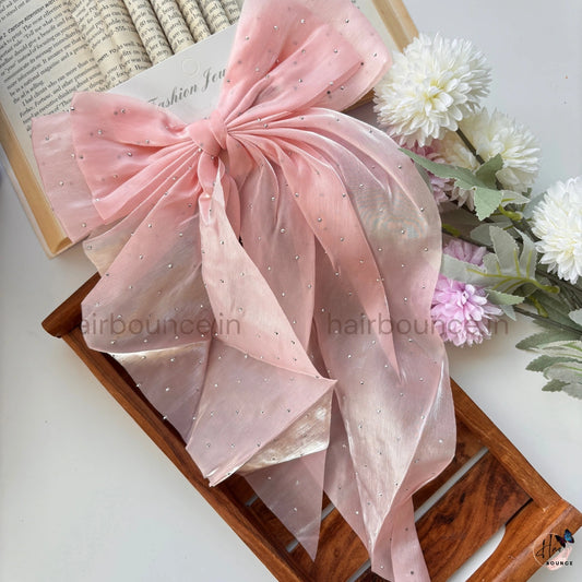 Elegant Rhinestone Sheer Bow Hair Clip – Oversized Statement Ribbon Bow