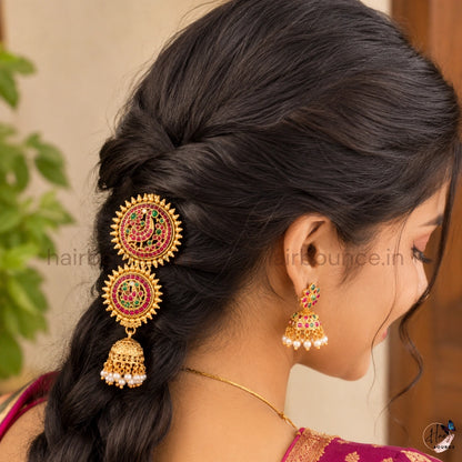 Peacock Kemp Jada Billa with Jhumka & Pearl Hangings