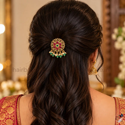 Premium Ruby Floral Kemp Hair Brooch with Green Bead & Pearl Hangings
