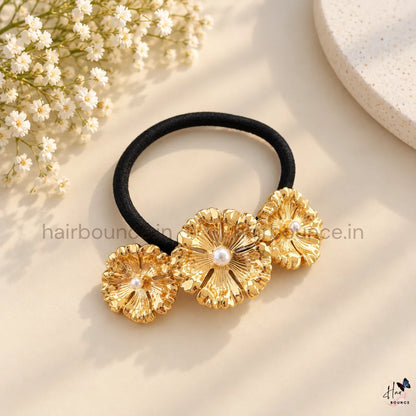 Golden Bloom Triple Flower Pearl Ponytail Holder