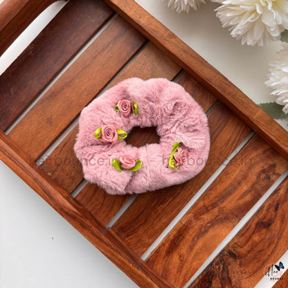 Fur Floral Scrunchie – Soft Plush Hair Tie with Rose Detail