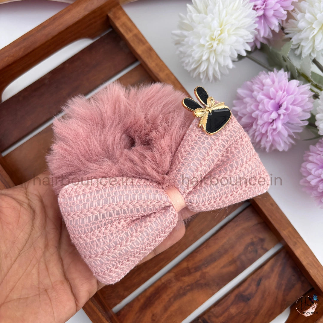 Luxe Fur Bow Scrunchie with Bunny Charm – Available in 6 Colours