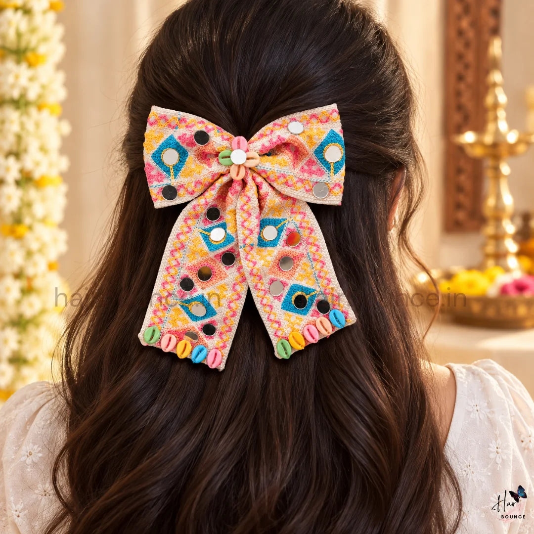 Navaratri Multicolour Mirror Work Hair Bow with Cowrie Shells