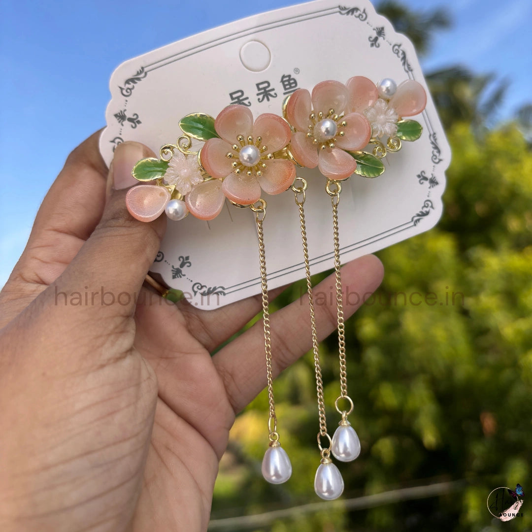 Double Cherry Blossom Pearl Tassel Hair Clip with Dangling Chains