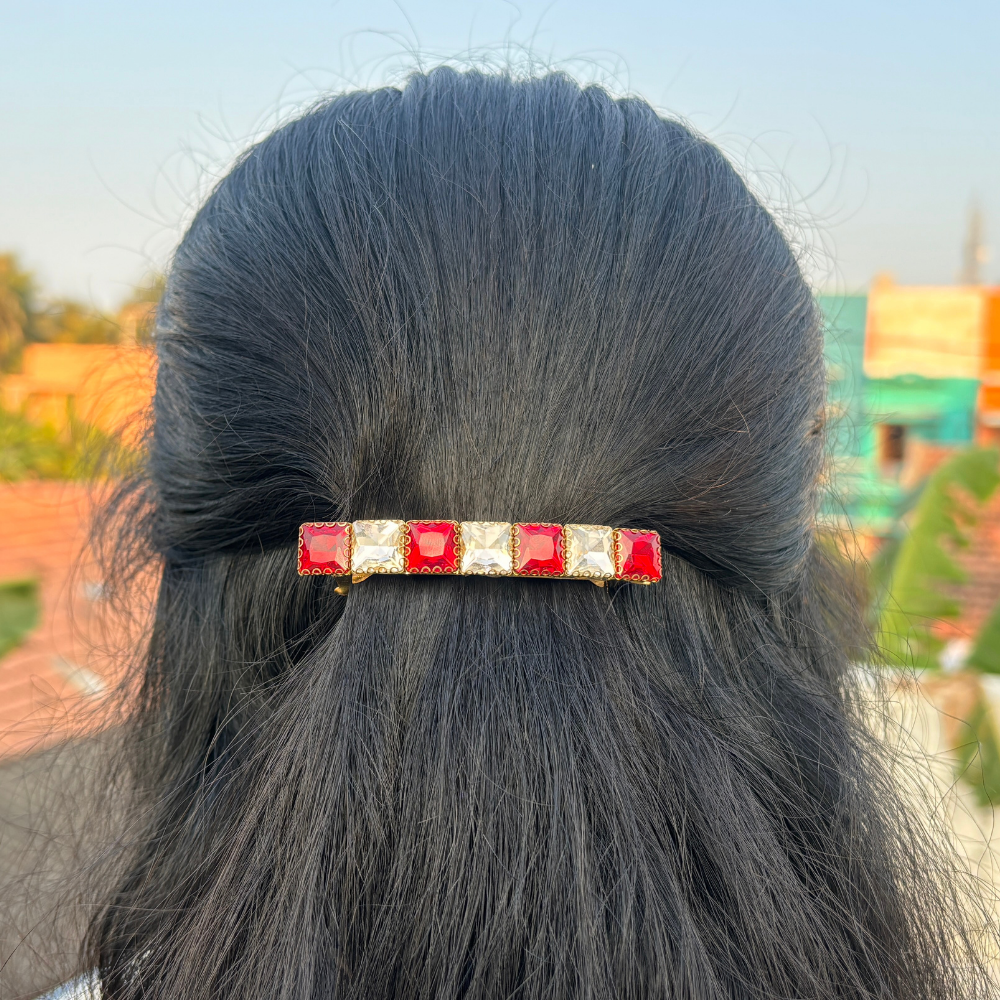 Square Crystal Hair Clip - Red White