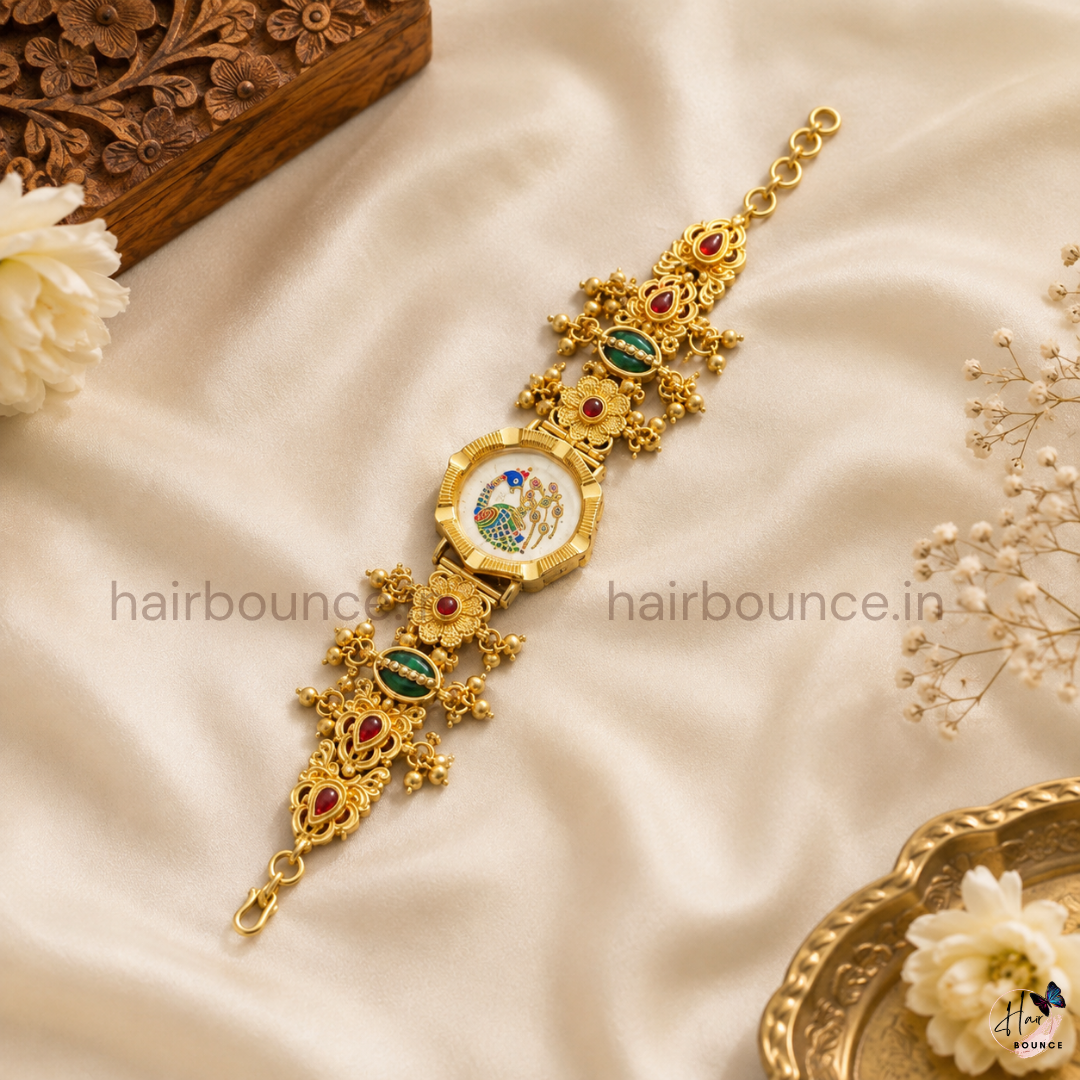 Heritage Peacock Temple Bracelet Watch – Traditional Ethnic Gold-Tone Watch for Women