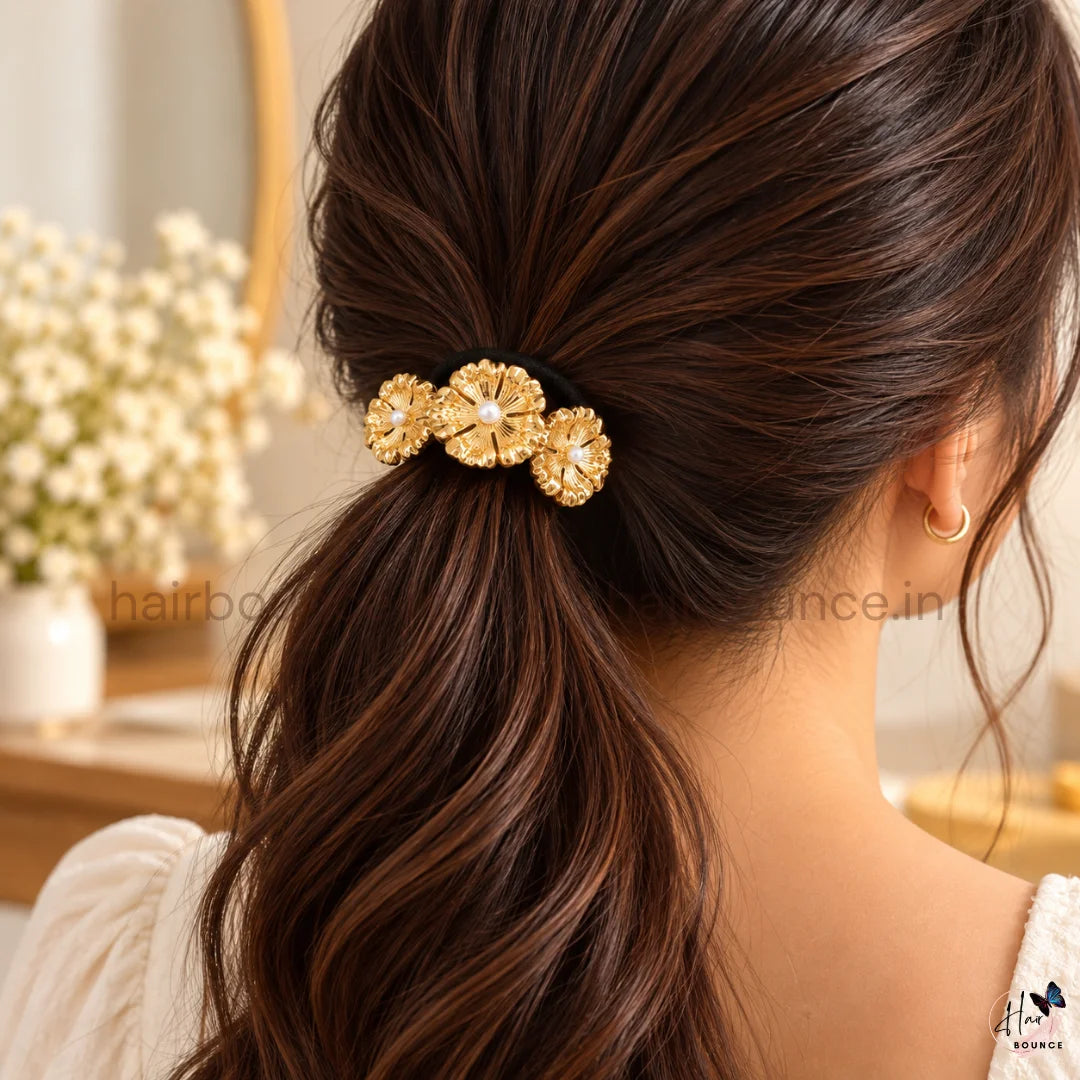 Golden Bloom Triple Flower Pearl Ponytail Holder
