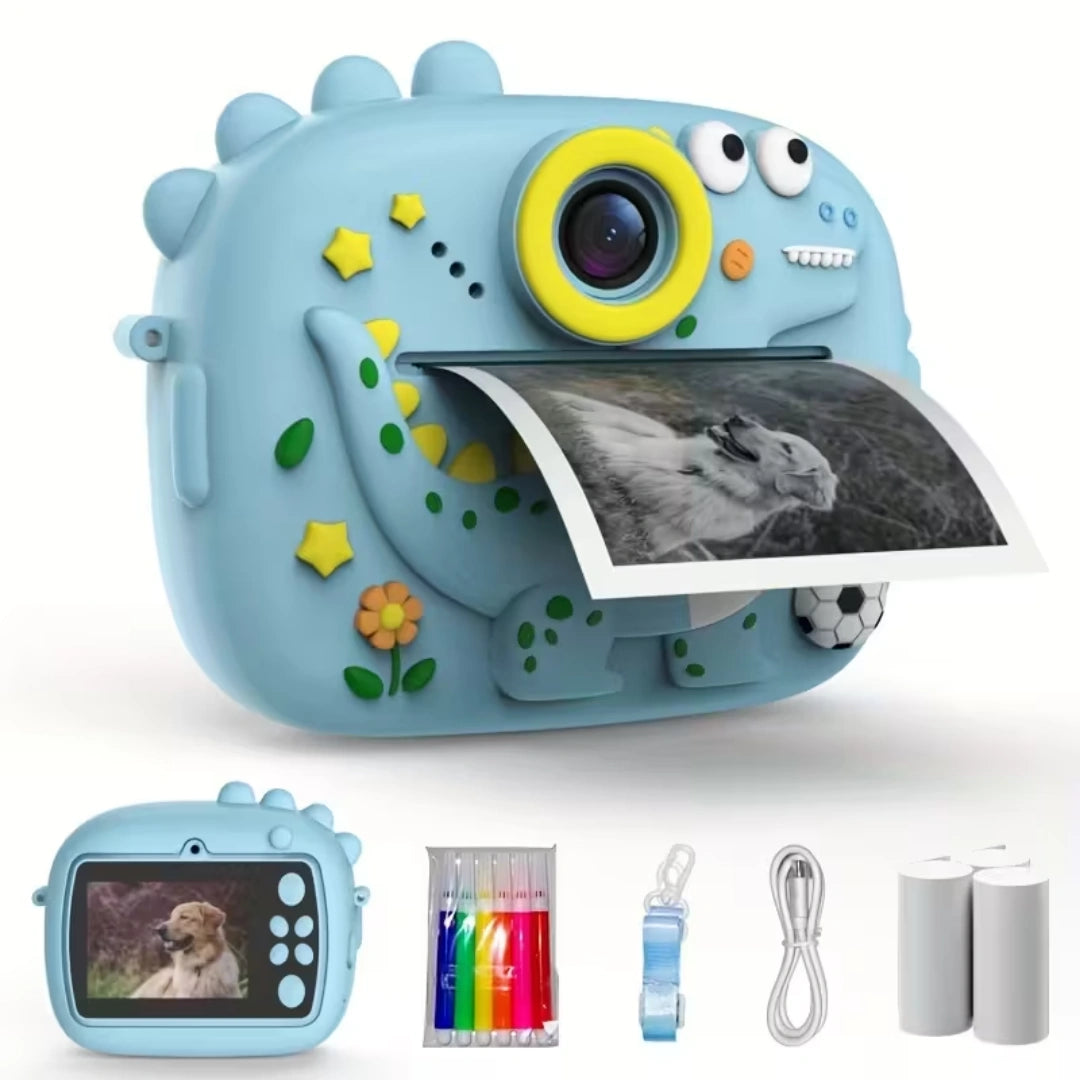 Cute Little Dinosaur Shape Instant Print Camera, 1080P HD Dual-Lens Camera Instant Print, Comes with 3 Rolls of Printing Paper, 6 Colored Pens, Rechargeable Battery, Ideal Gift for 3-14 Year Old Boys And Girls
