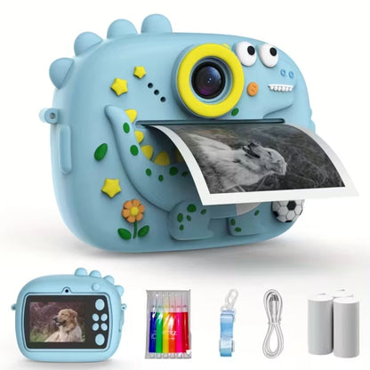 Cute Little Dinosaur Shape Instant Print Camera, 1080P HD Dual-Lens Camera Instant Print, Comes with 3 Rolls of Printing Paper, 6 Colored Pens, Rechargeable Battery, Ideal Gift for 3-14 Year Old Boys And Girls