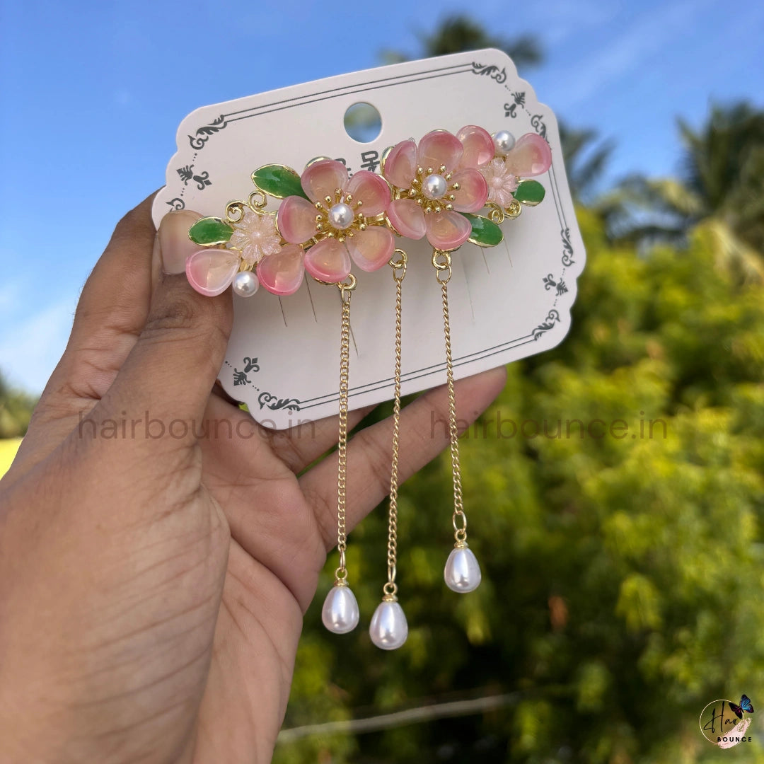 Double Cherry Blossom Pearl Tassel Hair Clip with Dangling Chains
