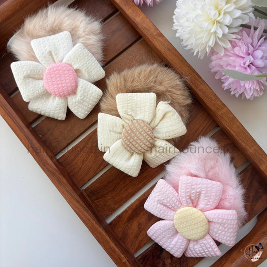 Fluffy Daisy Fur Scrunchie | Soft Plush Floral Hair Tie for Women & Girls