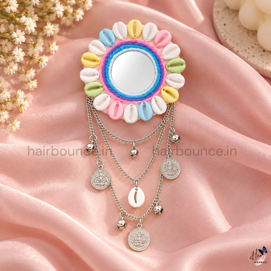 Navaratri Cowrie Shell Mirror Hair Brooch with Silver Coin Chain Hangings