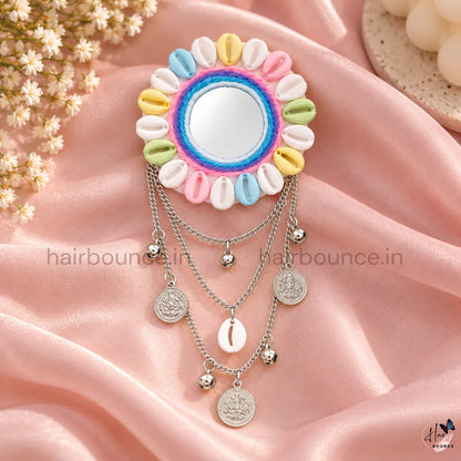 Navaratri Cowrie Shell Mirror Hair Brooch with Silver Coin Chain Hangings