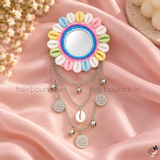 Navaratri Cowrie Shell Mirror Hair Brooch with Silver Coin Chain Hangings