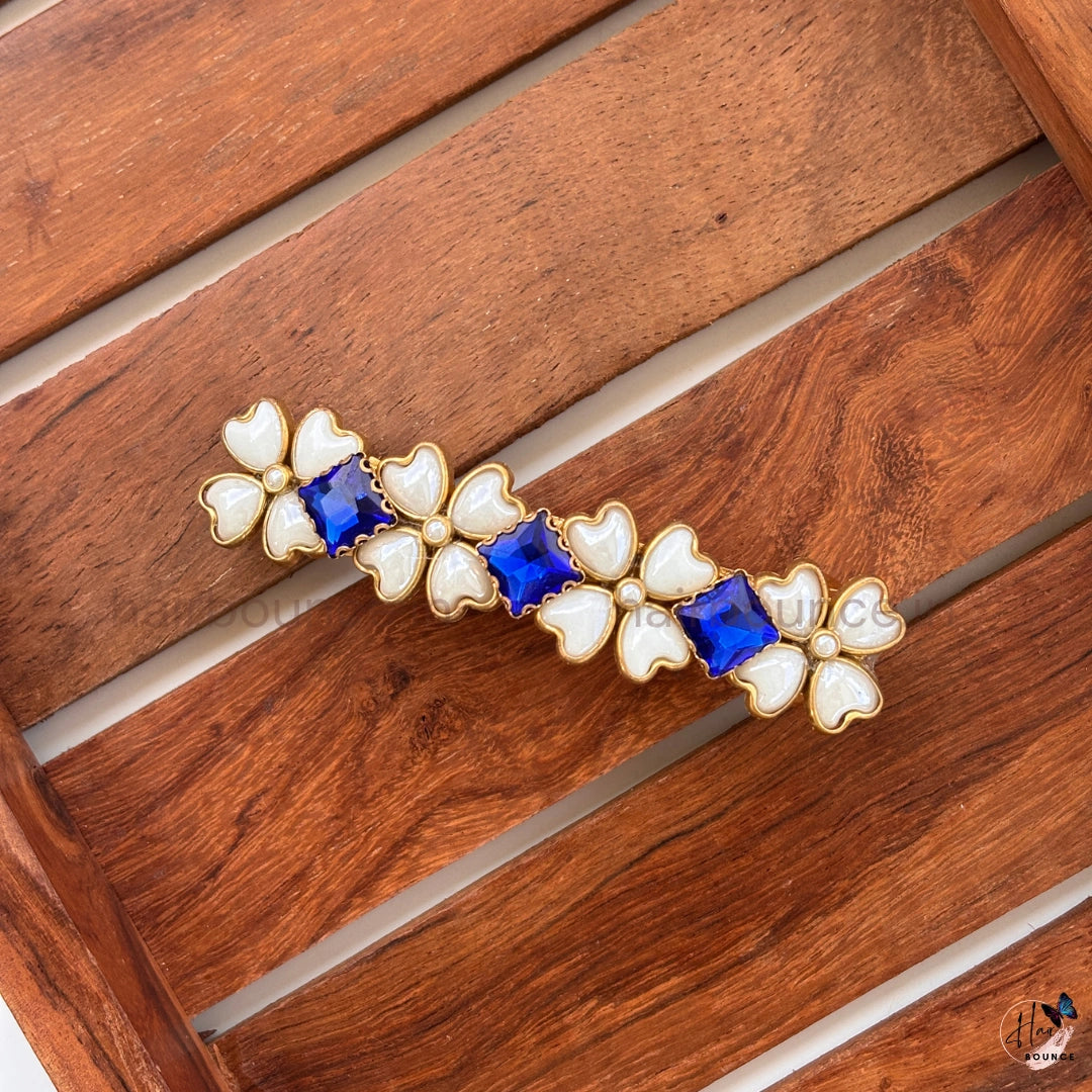 Royal Blue Floral Kundan Traditional Center Hair Clip