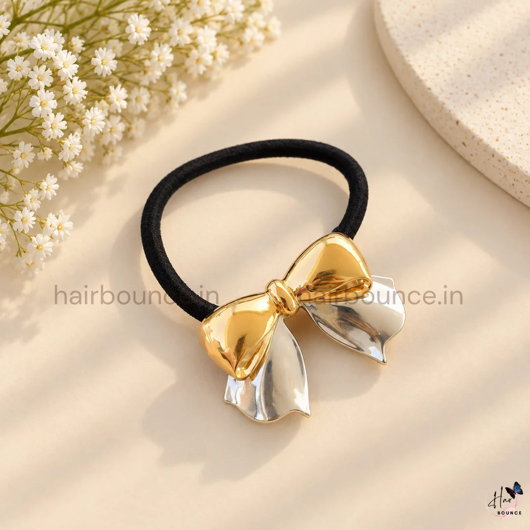 Elegant Dual Tone Metal Bow Ponytail Holder – Gold & Silver