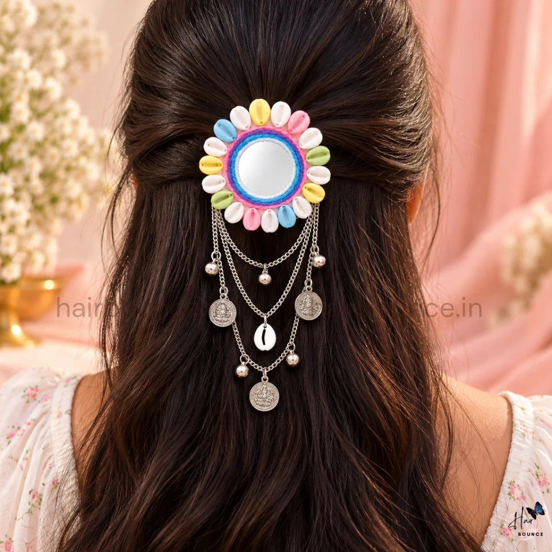 Navaratri Cowrie Shell Mirror Hair Brooch with Silver Coin Chain Hangings