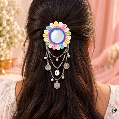 Navaratri Cowrie Shell Mirror Hair Brooch with Silver Coin Chain Hangings