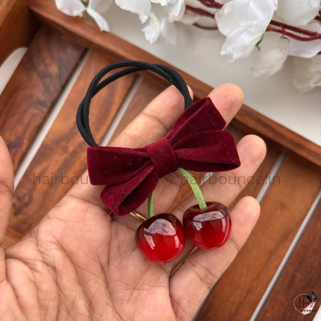 Velvet Cherry Bow Ponytail Holder – Maroon