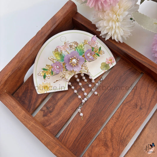 Enchanted Garden Pearl Drop Hair Claw – Luxury Floral Butterfly Hanging Clip