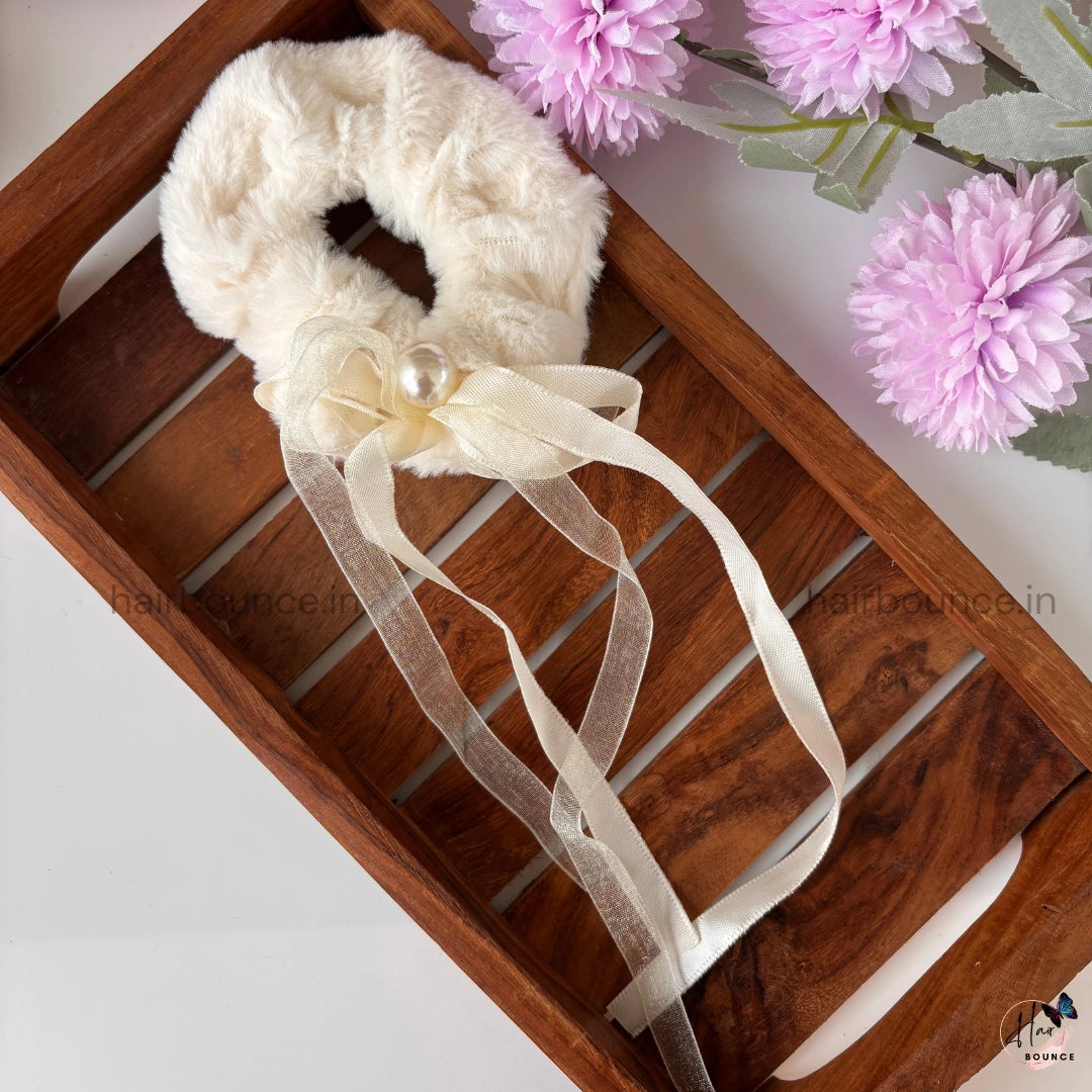 Pearl Ribbon Plush Scrunchies – Elegant, Soft & Stylish!