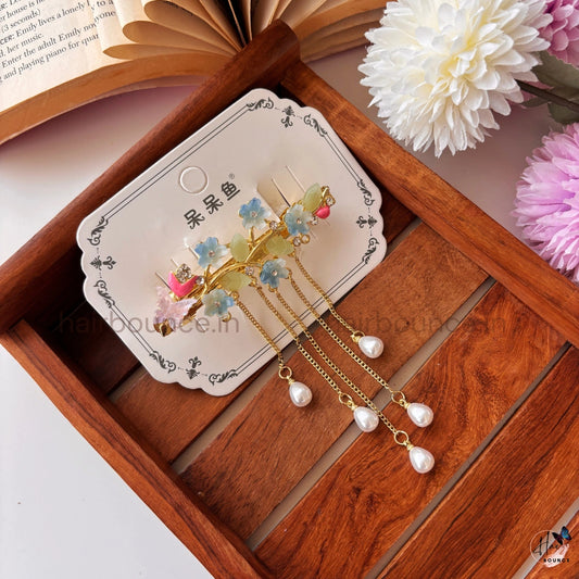 Celestial Blossom Pearl Tassel Hair Clip – Elegant Floral Dangle Barrette