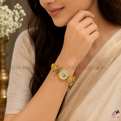 Heritage Peacock Temple Bracelet Watch – Traditional Ethnic Gold-Tone Watch for Women