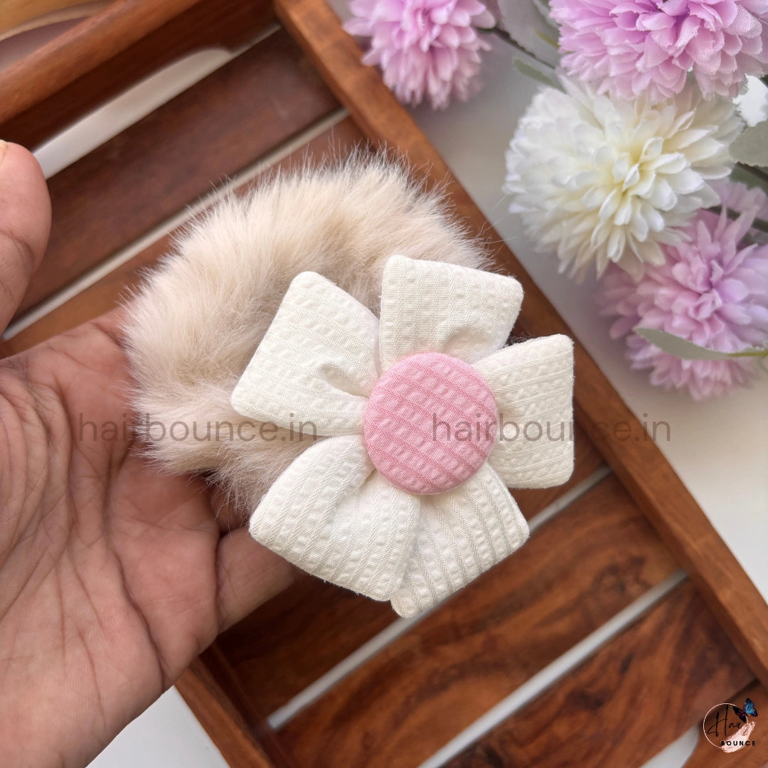 Fluffy Daisy Fur Scrunchie | Soft Plush Floral Hair Tie for Women & Girls