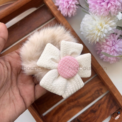 Fluffy Daisy Fur Scrunchie | Soft Plush Floral Hair Tie for Women & Girls