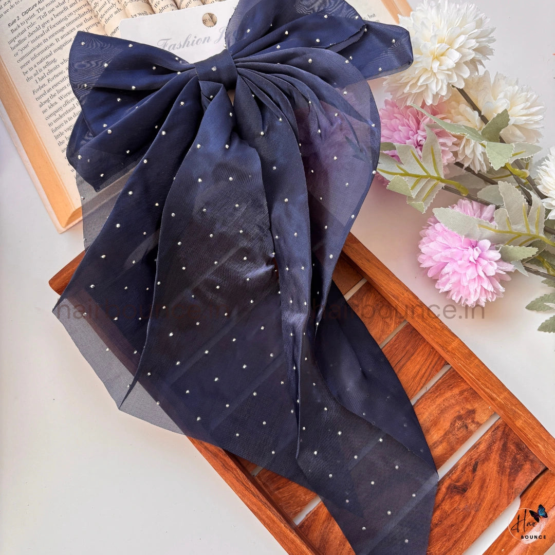 Elegant Rhinestone Sheer Bow Hair Clip – Oversized Statement Ribbon Bow