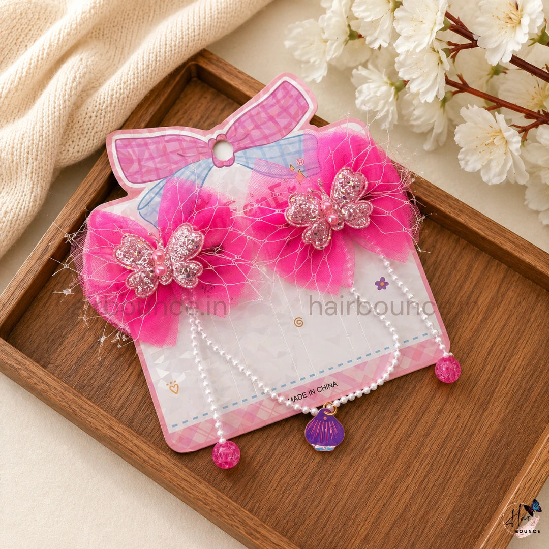 Butterfly Bow Kids Hair Clips with Pearl Hangings – Pack of 2
