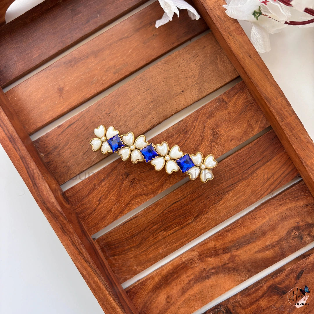 Royal Blue Floral Kundan Traditional Center Hair Clip
